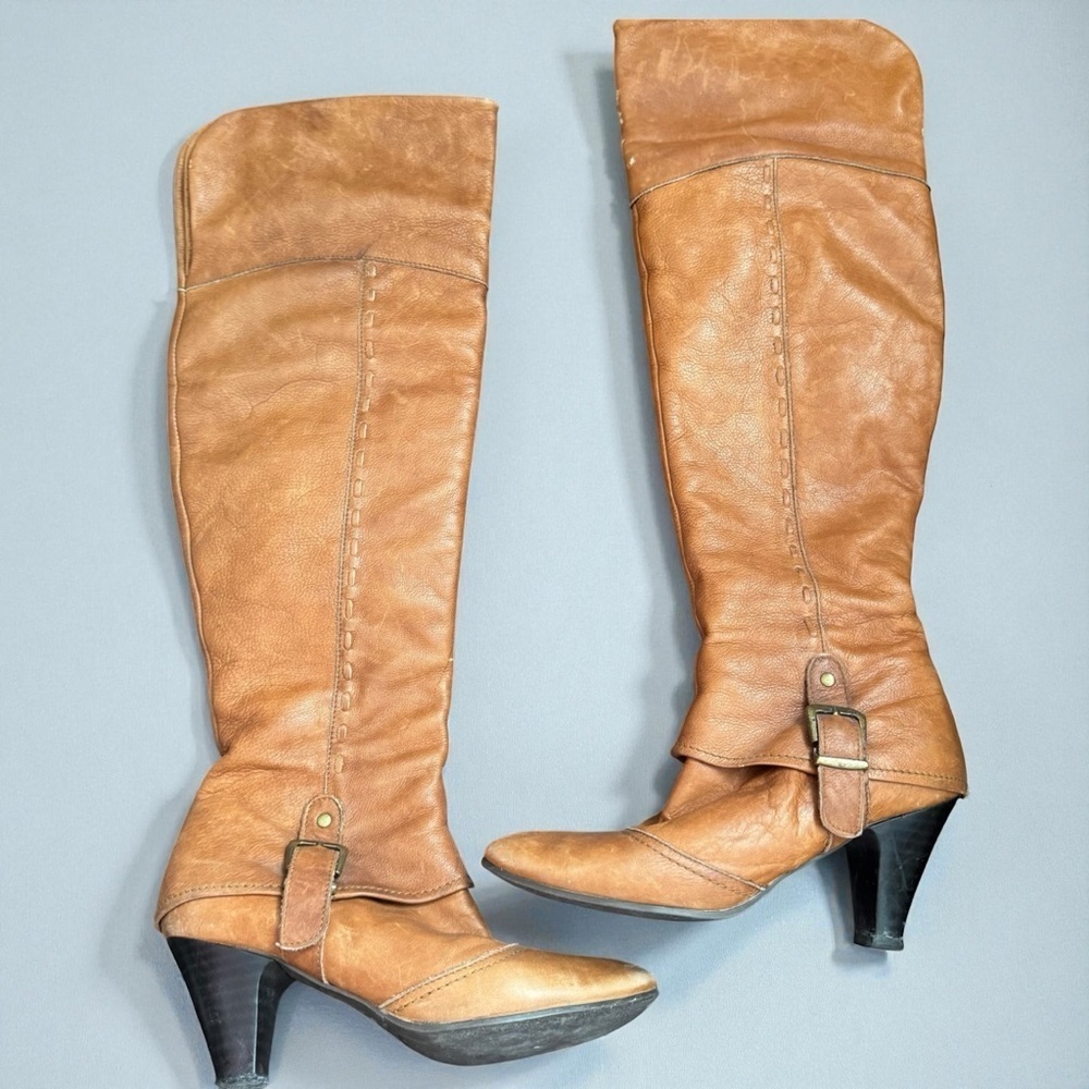 Italian David Gomma Leather Knee-High Boots Tan Distressed Riding Style Italy 37